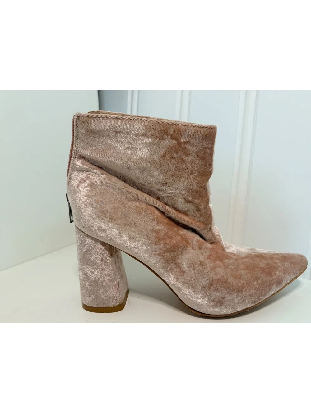 Blush Crushed Velvet Block Heel Boots